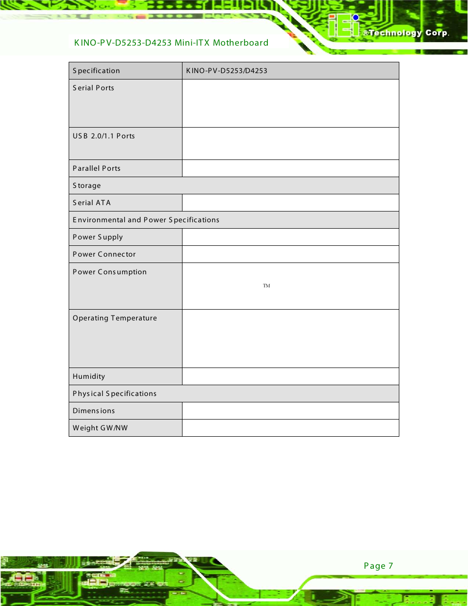 Table 1-1: technical specifications | IEI Integration KINO-PV-D4253_D5253 User Manual | Page 19 / 139