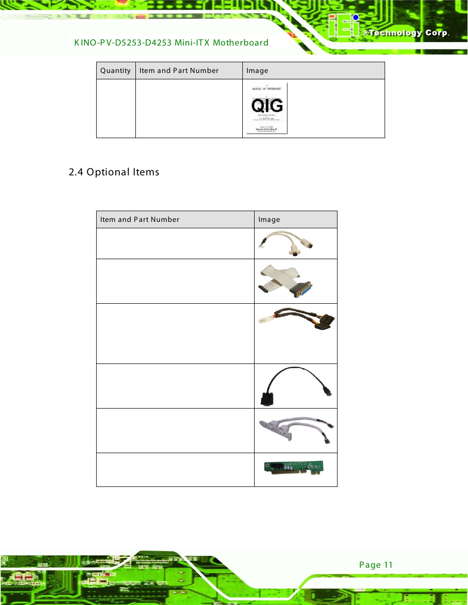 4 optional items, Ptional, Tems | Table 2-1: packing list | IEI Integration KINO-PV-D4253_D5253 User Manual | Page 23 / 139