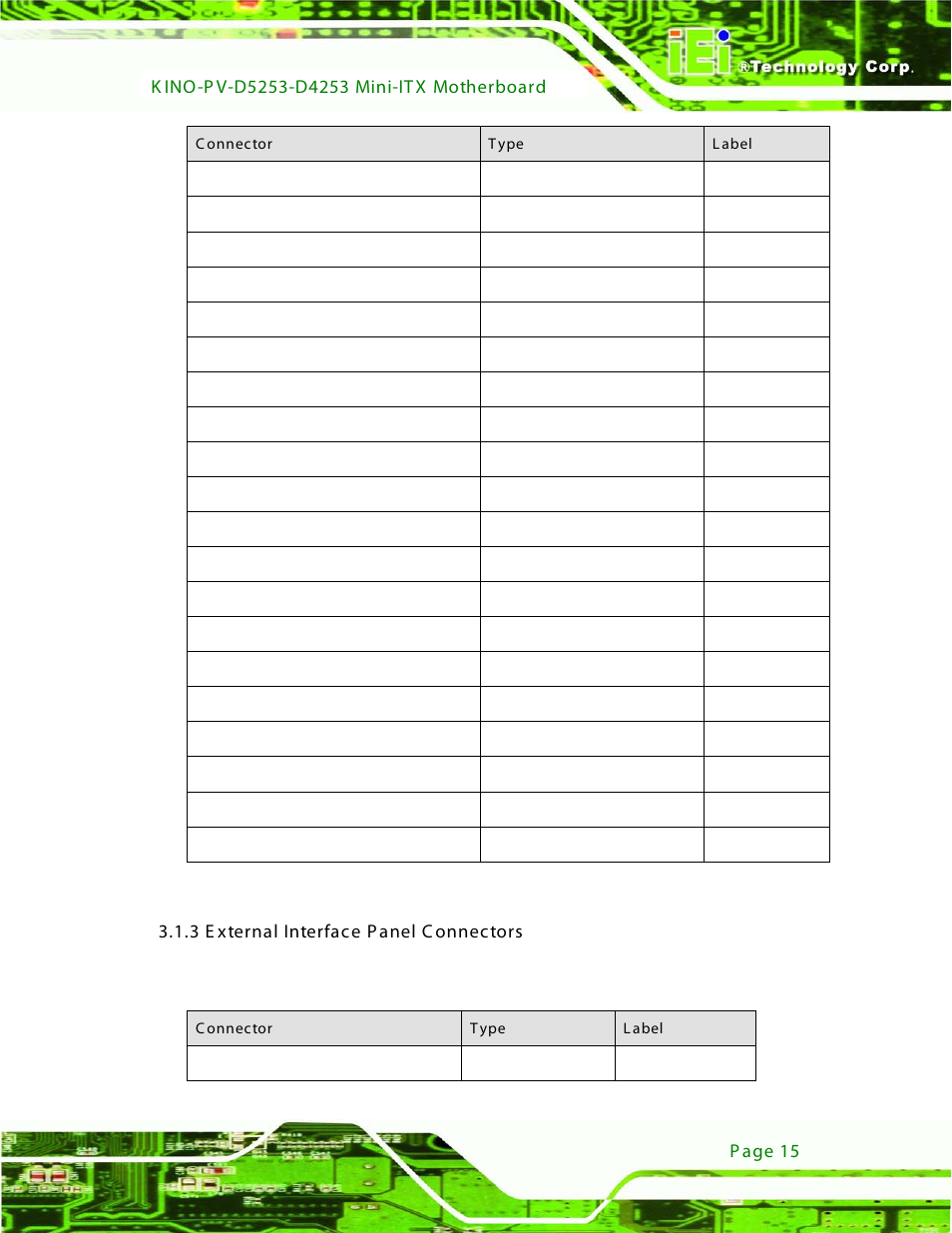 3 external interface panel connectors, Table 3–1: internal peripheral connectors | IEI Integration KINO-PV-D4253_D5253 User Manual | Page 27 / 139