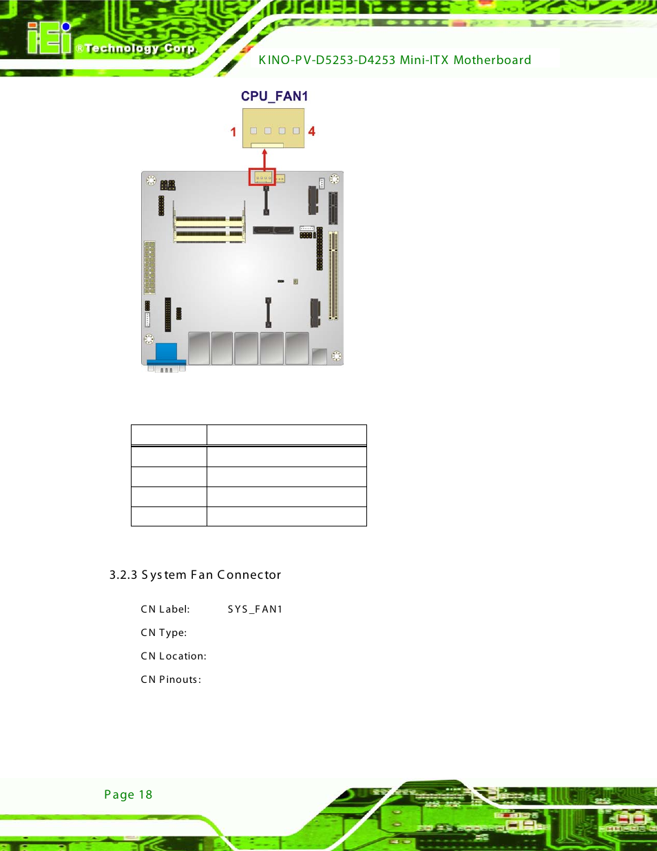 3 system fan connector, Figure 3-3: cpu fan connector location, Table 3-4: cpu fan connector pinouts | IEI Integration KINO-PV-D4253_D5253 User Manual | Page 30 / 139