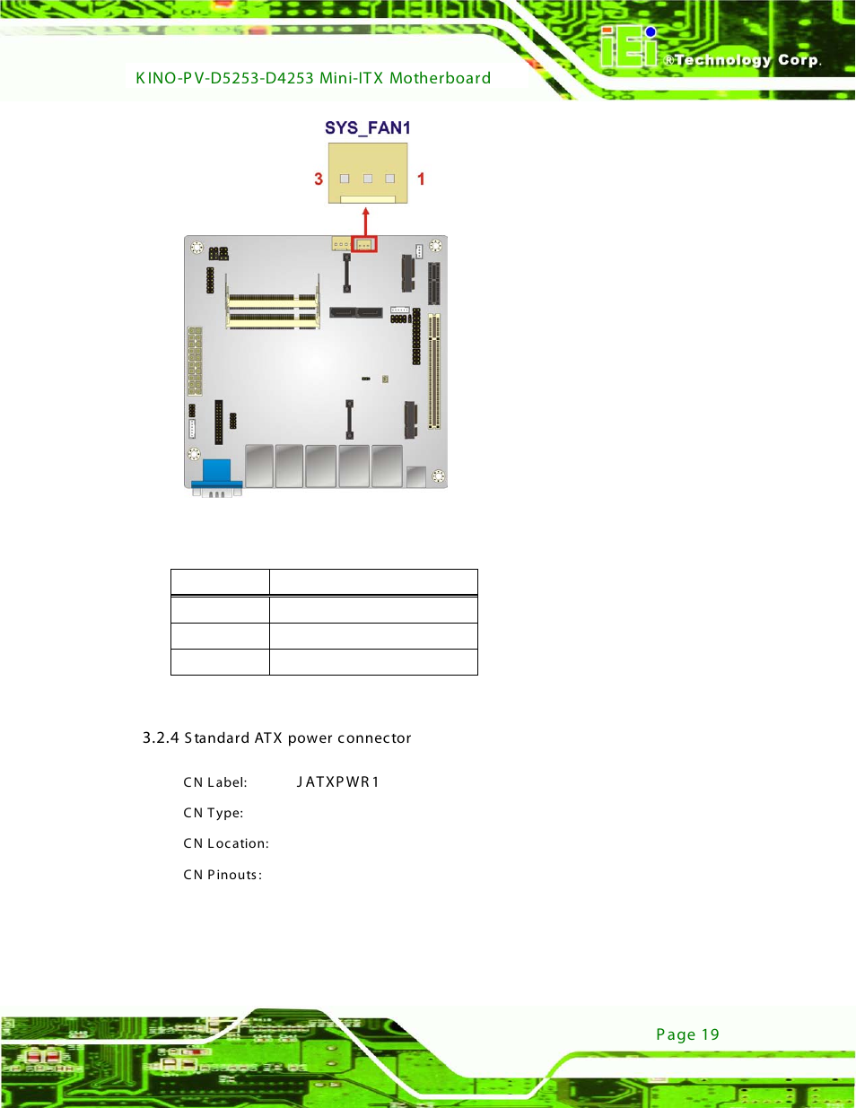 4 standard atx power connector, Figure 3-4: system fan connector location, Table 3-5: system fan connector pinouts | IEI Integration KINO-PV-D4253_D5253 User Manual | Page 31 / 139