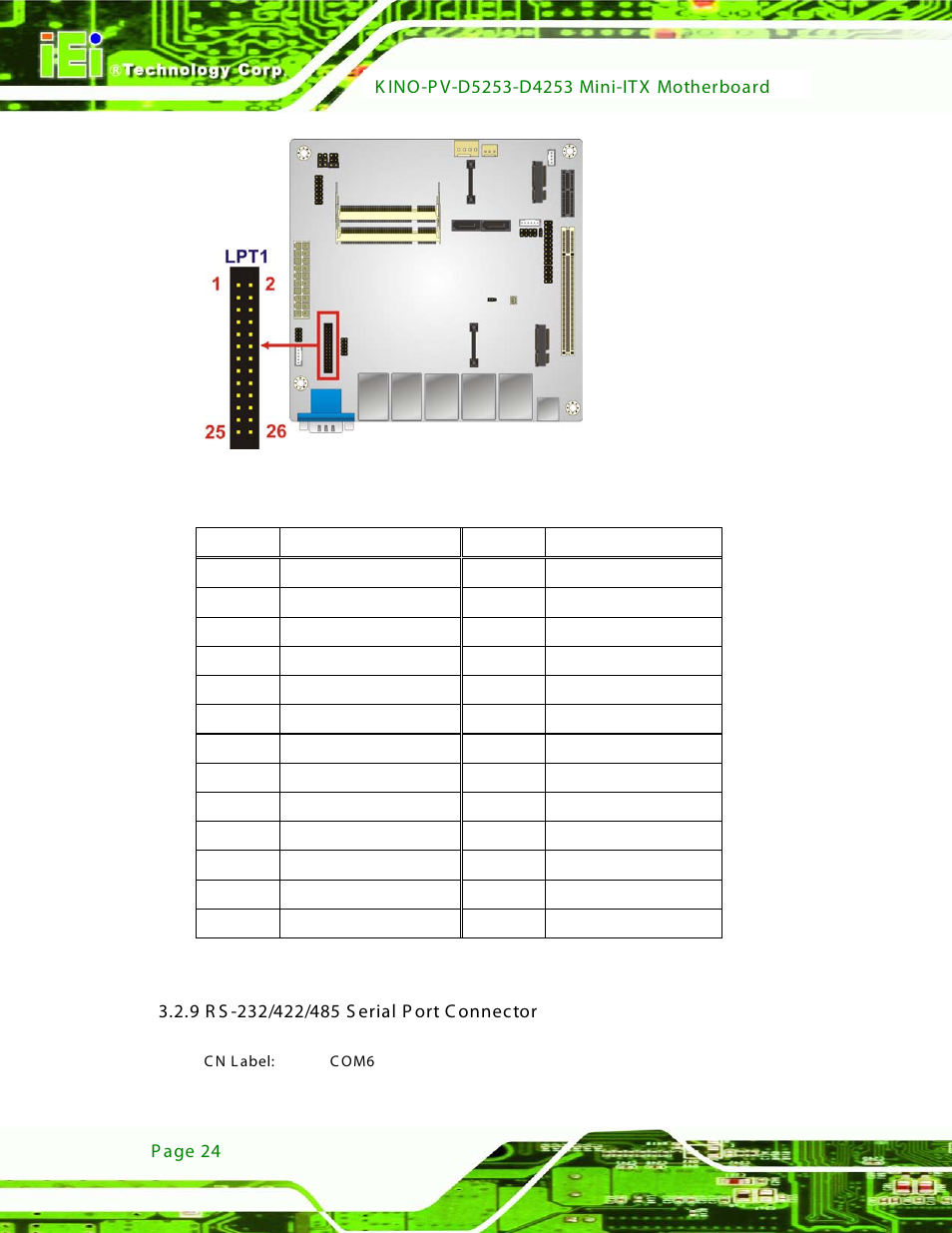 9 rs-232/422/485 serial port connector, Figure 3-9: parallel port connector location, Table 3-8: parallel port connector pinouts | IEI Integration KINO-PV-D4253_D5253 User Manual | Page 36 / 139