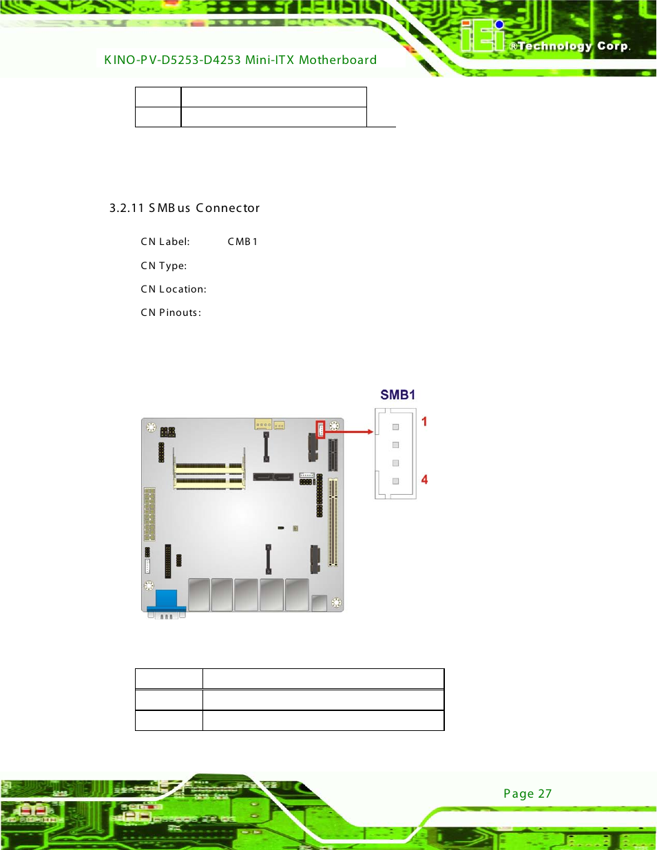 11 smbus connector, Figure 3-12: smbus connector location, Table 3-10: sata drive connector pinouts | IEI Integration KINO-PV-D4253_D5253 User Manual | Page 39 / 139
