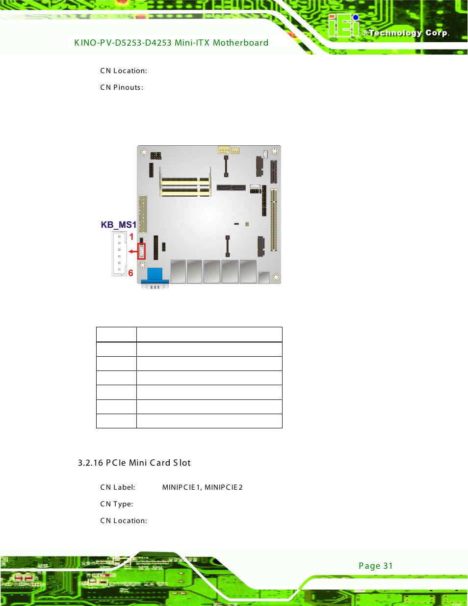 16 pcie mini card slot, Figure 3-16: keyboard/mouse connector location, Table 3-15: keyboard connector pinouts | 16 p c ie mini c ard s lot | IEI Integration KINO-PV-D4253_D5253 User Manual | Page 43 / 139