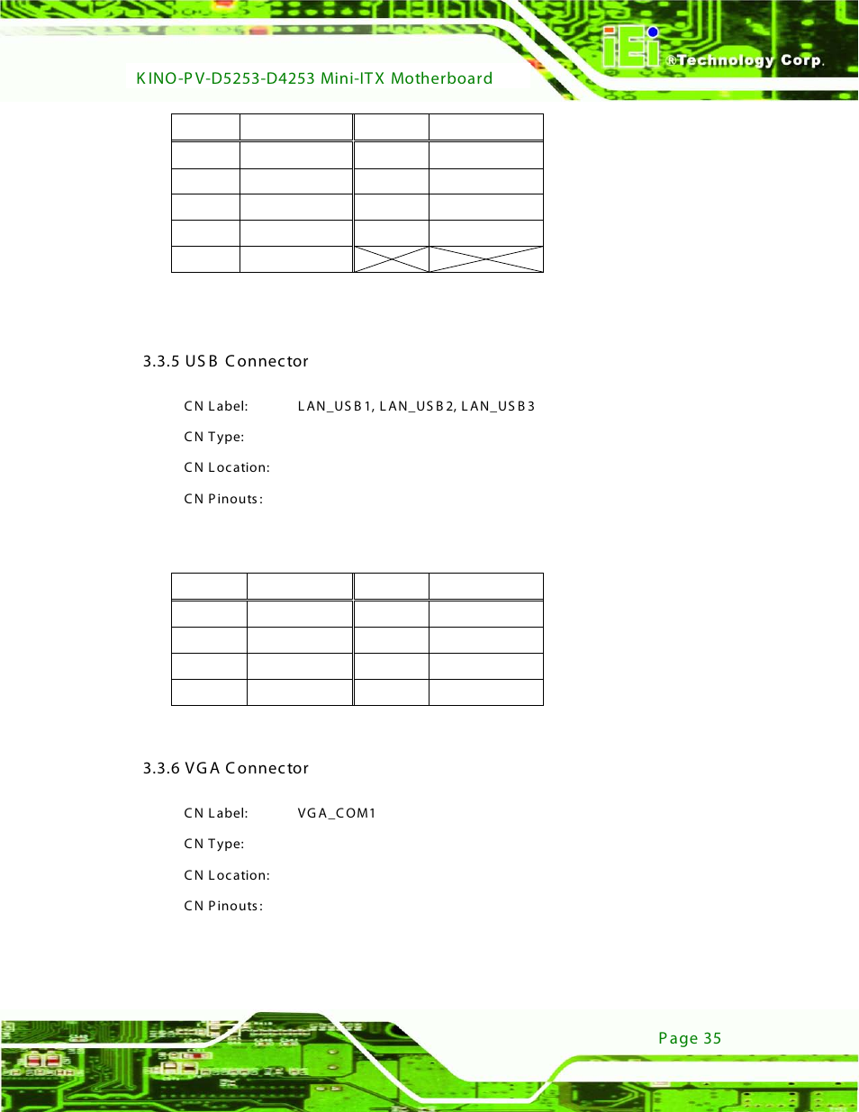 5 usb connector, 6 vga connector, Table 3-18: serial port pinouts | Table 3-19: usb port pinouts, 5 us b c onnector, 6 vg a c onnector | IEI Integration KINO-PV-D4253_D5253 User Manual | Page 47 / 139