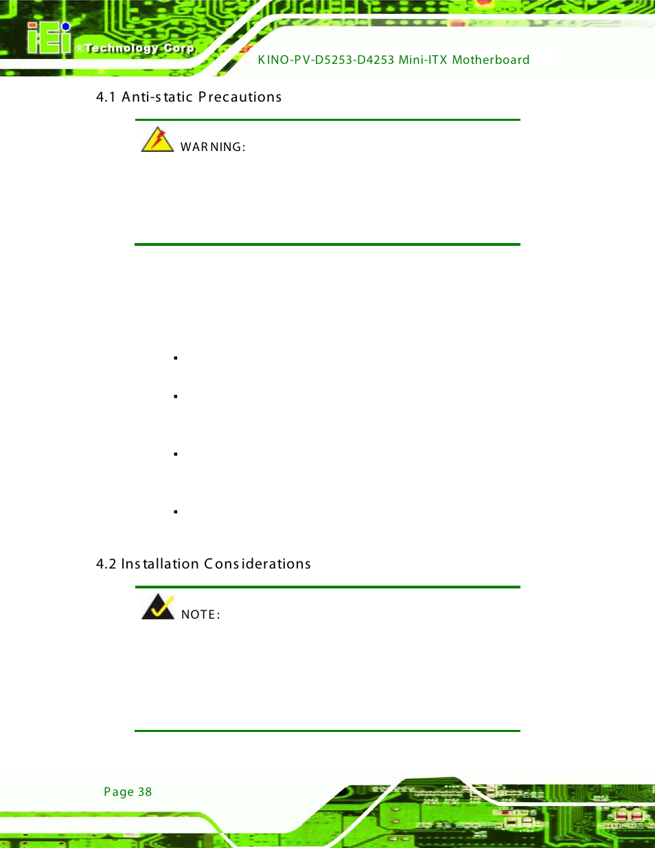 1 anti-static precautions, 2 installation considerations, Static | Recautions, Nstallation, Onsiderations, 1 anti-s tatic p recautions, 2 ins tallation c ons iderations | IEI Integration KINO-PV-D4253_D5253 User Manual | Page 50 / 139