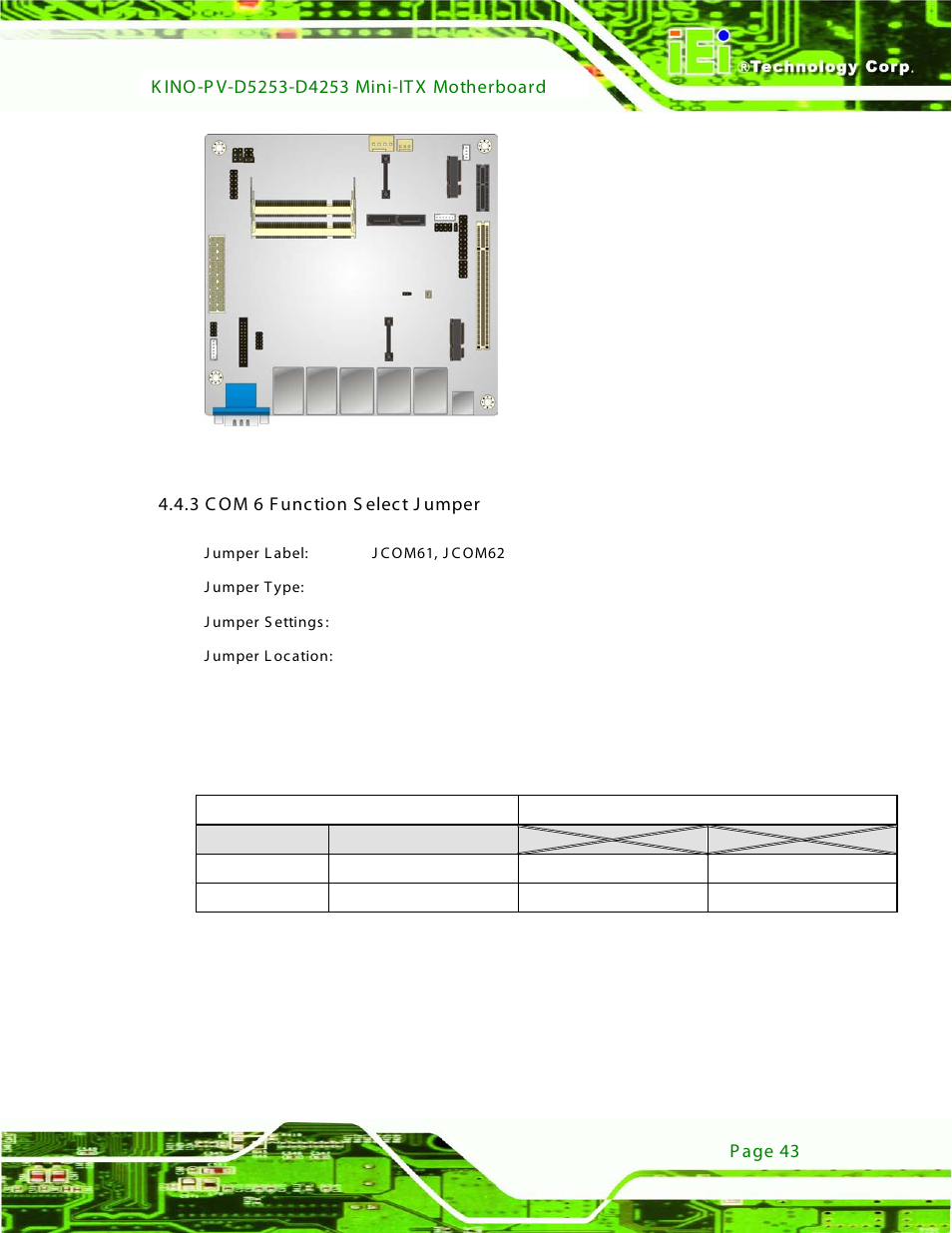 3 com 6 function select jumper, Figure 4-3: usb6, 7 power jumper location, Table 4-4: com 6 function select jumper settings | 3 c om 6 f unction s elect j umper | IEI Integration KINO-PV-D4253_D5253 User Manual | Page 55 / 139