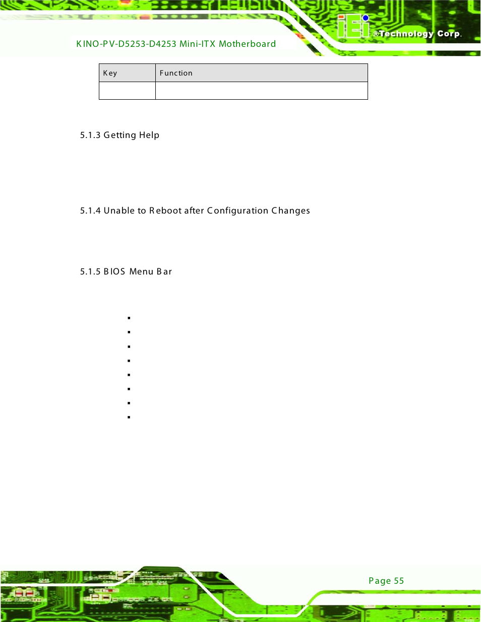 3 getting help, 4 unable to reboot after configuration changes, 5 bios menu bar | Table 5-1: bios navigation keys | IEI Integration KINO-PV-D4253_D5253 User Manual | Page 67 / 139
