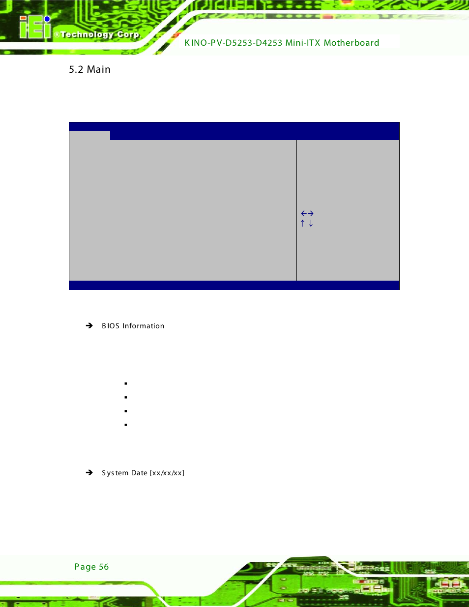2 main, Bios menu 1: main | IEI Integration KINO-PV-D4253_D5253 User Manual | Page 68 / 139