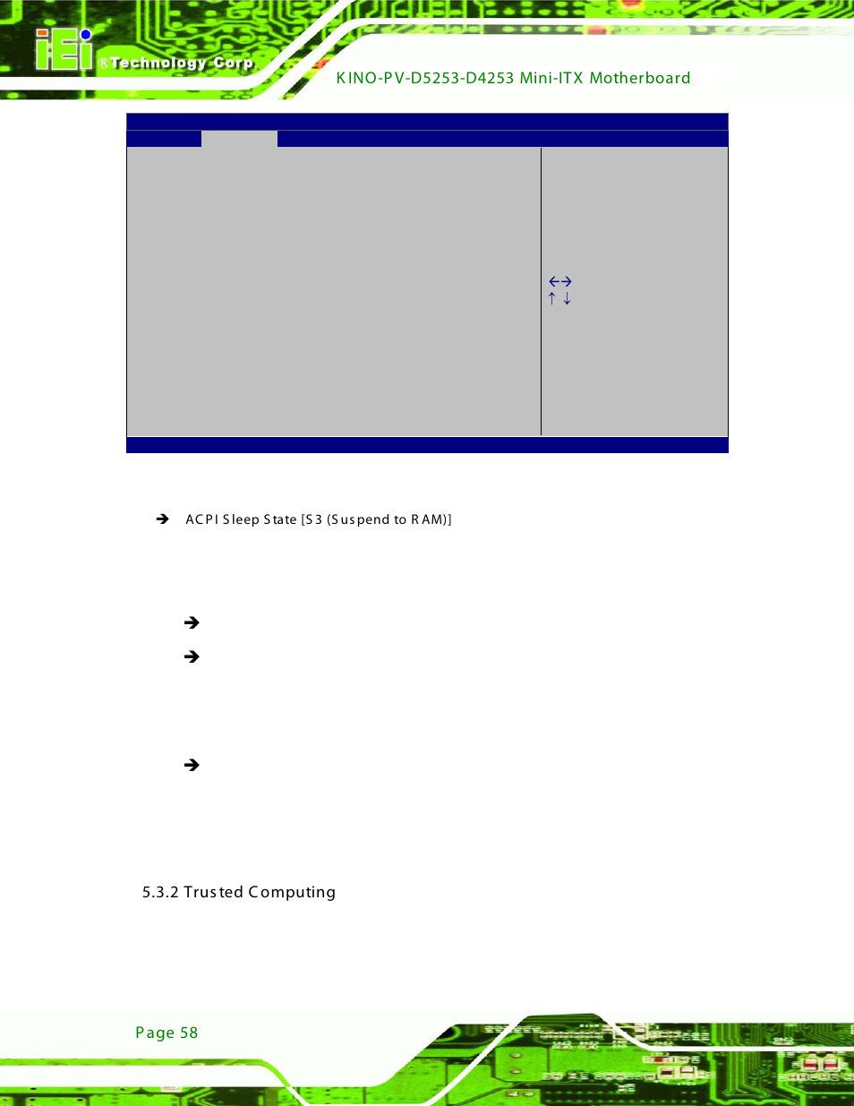 2 trusted computing, Bios menu 3: acpi settings | IEI Integration KINO-PV-D4253_D5253 User Manual | Page 70 / 139