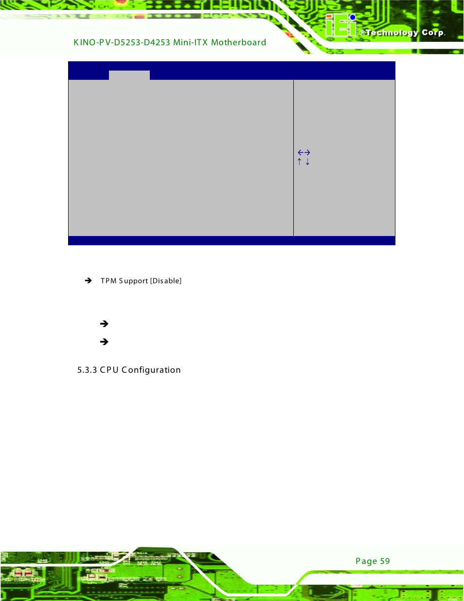 3 cpu configuration, Bios menu 4: tpm configuration | IEI Integration KINO-PV-D4253_D5253 User Manual | Page 71 / 139