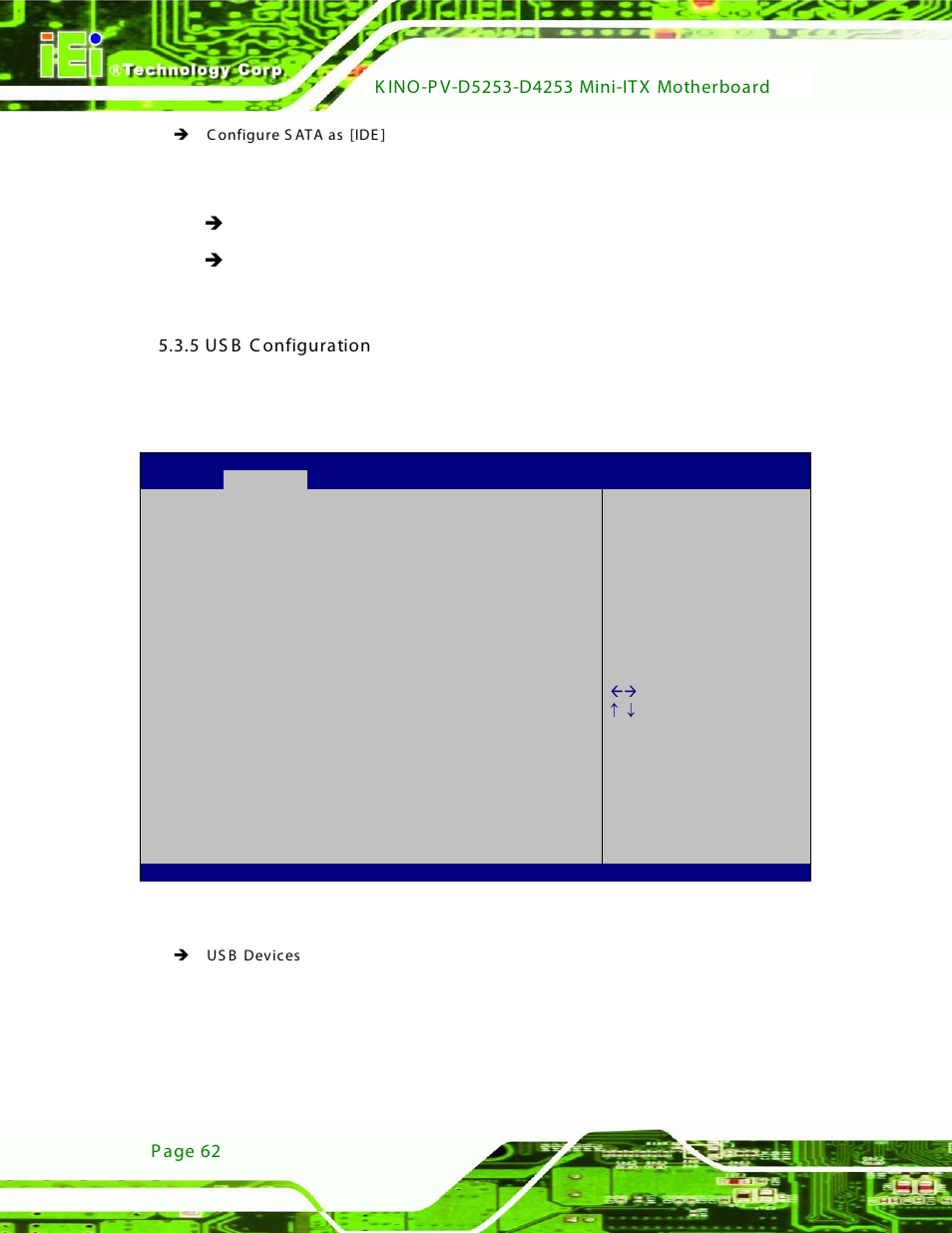 5 usb configuration, Bios menu 7: usb configuration | IEI Integration KINO-PV-D4253_D5253 User Manual | Page 74 / 139