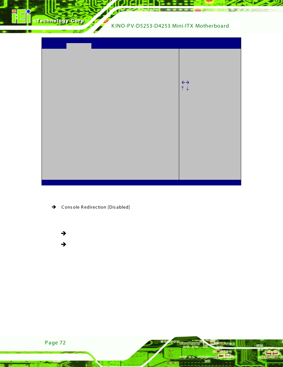 Bios menu 12: serial port console redirection | IEI Integration KINO-PV-D4253_D5253 User Manual | Page 84 / 139