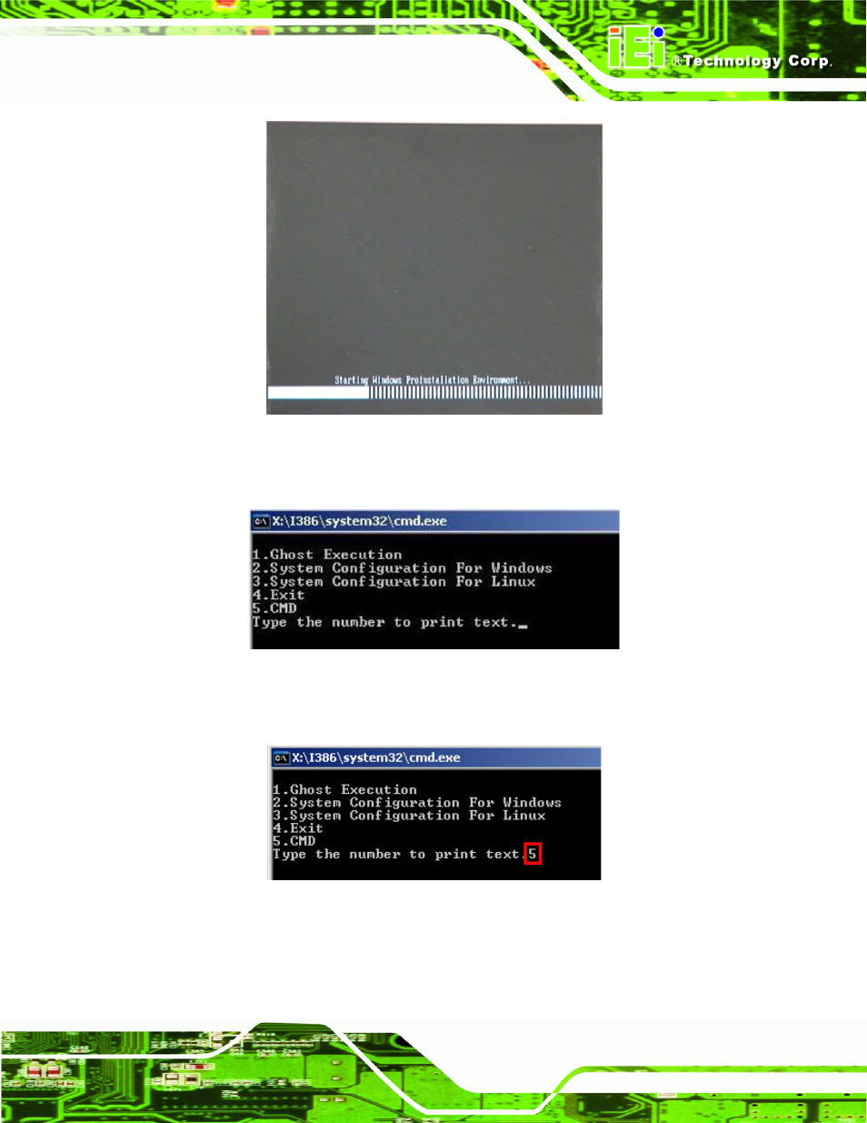 Figure b-2: launching the recovery tool, Figure b-3: recovery tool setup menu, Figure b-4: command mode | IEI Integration KINO-DH610 User Manual | Page 129 / 162