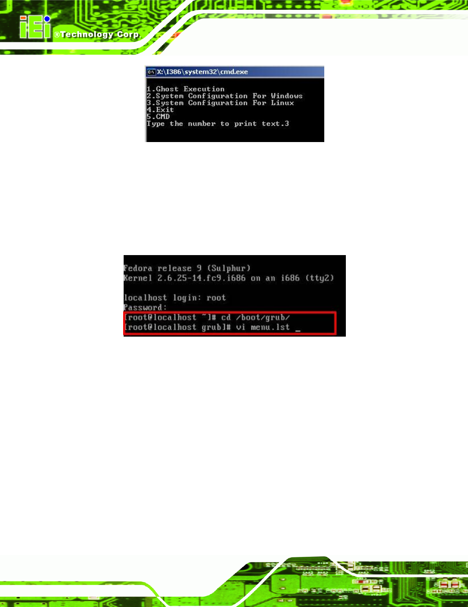 Figure b-23: system configuration for linux, Figure b-24: access menu.lst in linux (text mode) | IEI Integration KINO-DH610 User Manual | Page 142 / 162