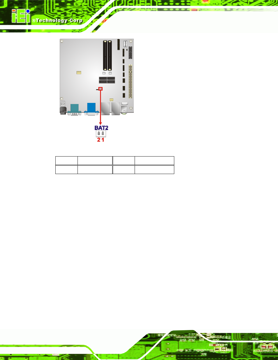2 bios update connector, Figure 3-2: battery connector location, Table 3-3: battery connector pinouts | IEI Integration KINO-DH610 User Manual | Page 30 / 162