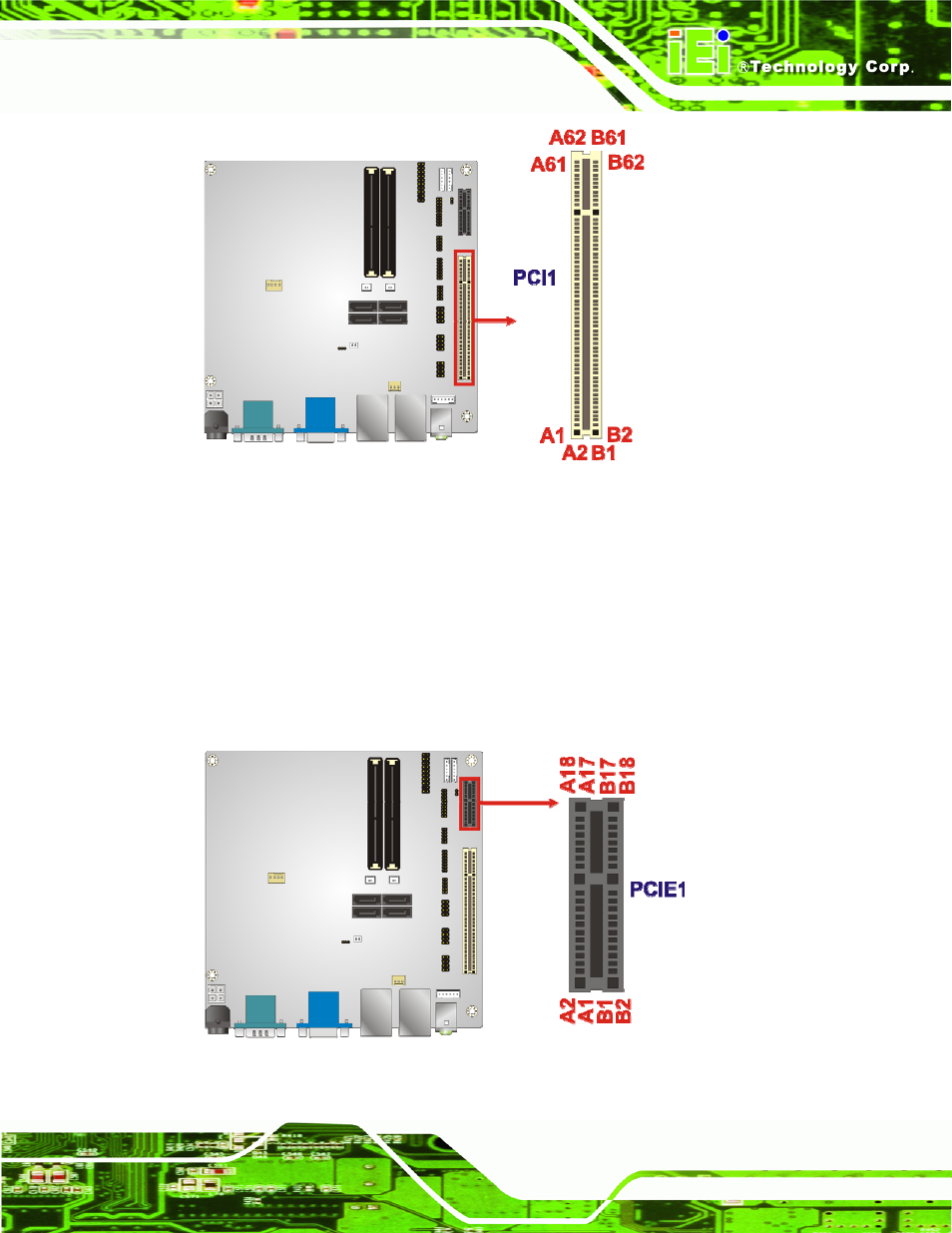 12 pcie x1 slot, Figure 3-12: pci slot location, Figure 3-13: pcie x1 slot location | IEI Integration KINO-DH610 User Manual | Page 39 / 162