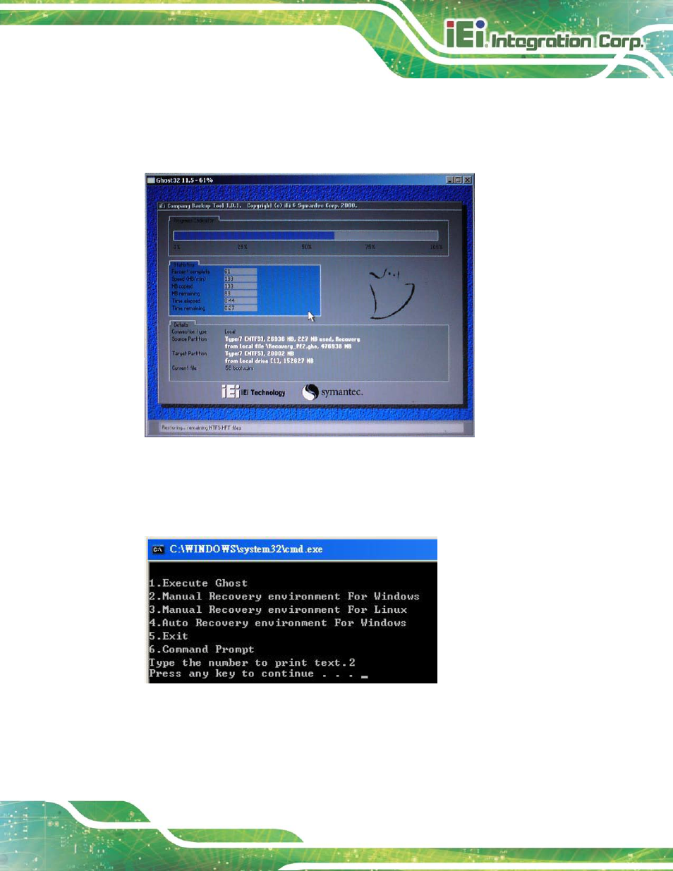 Figure b-8: building the recovery partition, Figure b-9: press any key to continue | IEI Integration KINO-DH810 User Manual | Page 125 / 166