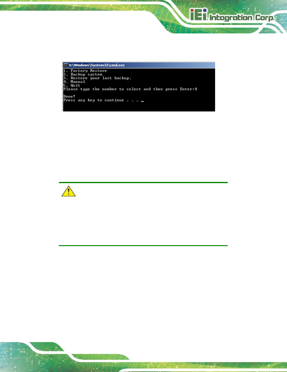B.3 auto recovery setup procedure, Ecovery, Etup | Rocedure, Figure b-21: press any key to continue, On b.3, B.3 ) | IEI Integration KINO-DH810 User Manual | Page 131 / 166
