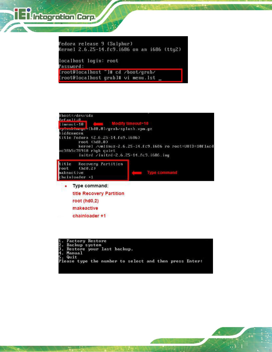 Figure b-31: access menu.lst in linux (text mode), Figure b-32: recovery tool menu | IEI Integration KINO-DH810 User Manual | Page 138 / 166