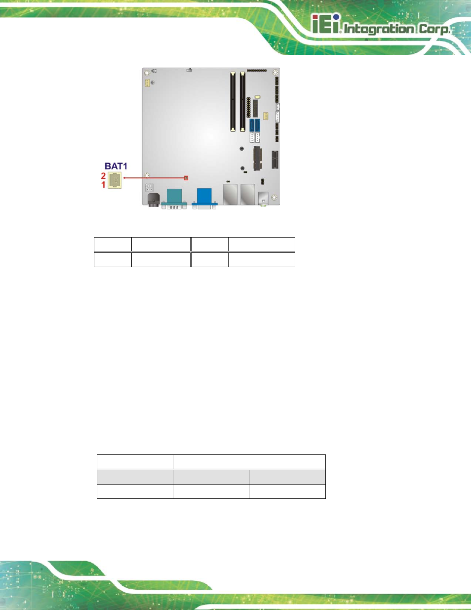 3 clear cmos button, Figure 3-3: battery connector location, Table 3-4: battery connector pinouts | Table 3-5: clear cmos button settings, Ee figure 3-3, Ee table 3-4, 3 cle a r cmos bu tto n | IEI Integration KINO-DH810 User Manual | Page 31 / 166