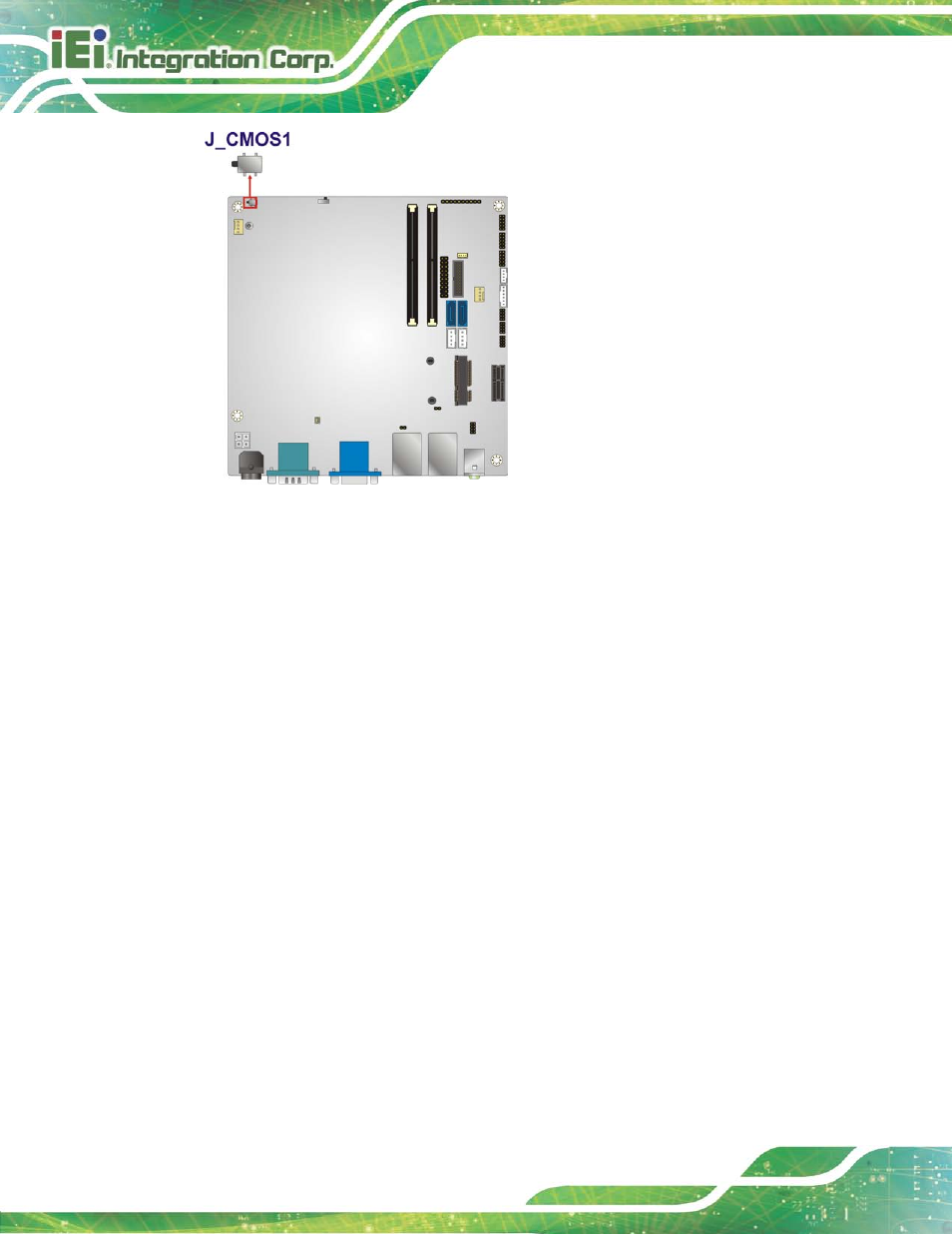 4 12v dc-in power connector, Figure 3-4: clear cmos button location, Ee figure 3-4 | Figure 3-4 | IEI Integration KINO-DH810 User Manual | Page 32 / 166
