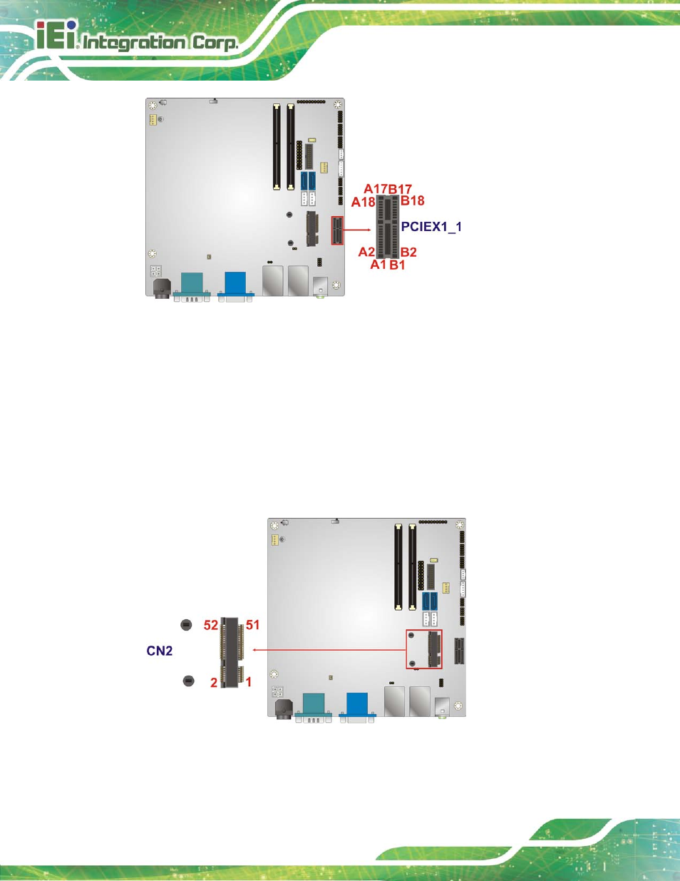 15 pcie mini card slot, Figure 3-15: pcie x1 slot location, Figure 3-16: pcie mini card slot location | IEI Integration KINO-DH810 User Manual | Page 42 / 166
