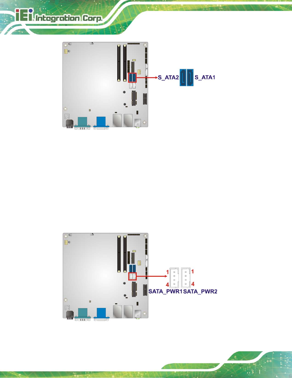 18 sata power connectors, Figure 3-18: sata 6gb/s drive connector locations, Figure 3-19: sata power connector locations | IEI Integration KINO-DH810 User Manual | Page 44 / 166