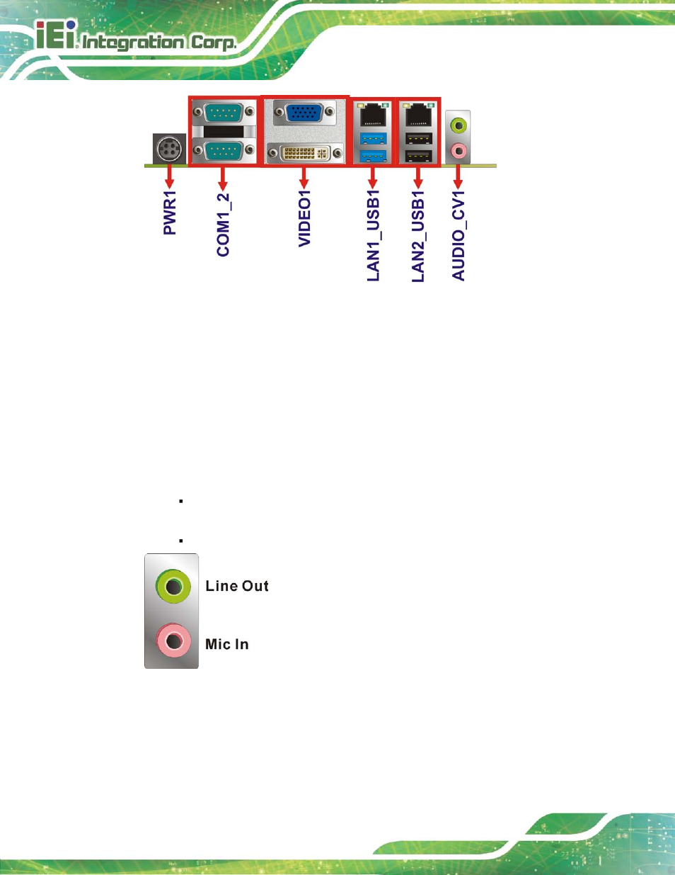 1 audio connector, 2 ethernet and usb connectors, Figure 3-26: audio connector | IEI Integration KINO-DH810 User Manual | Page 50 / 166