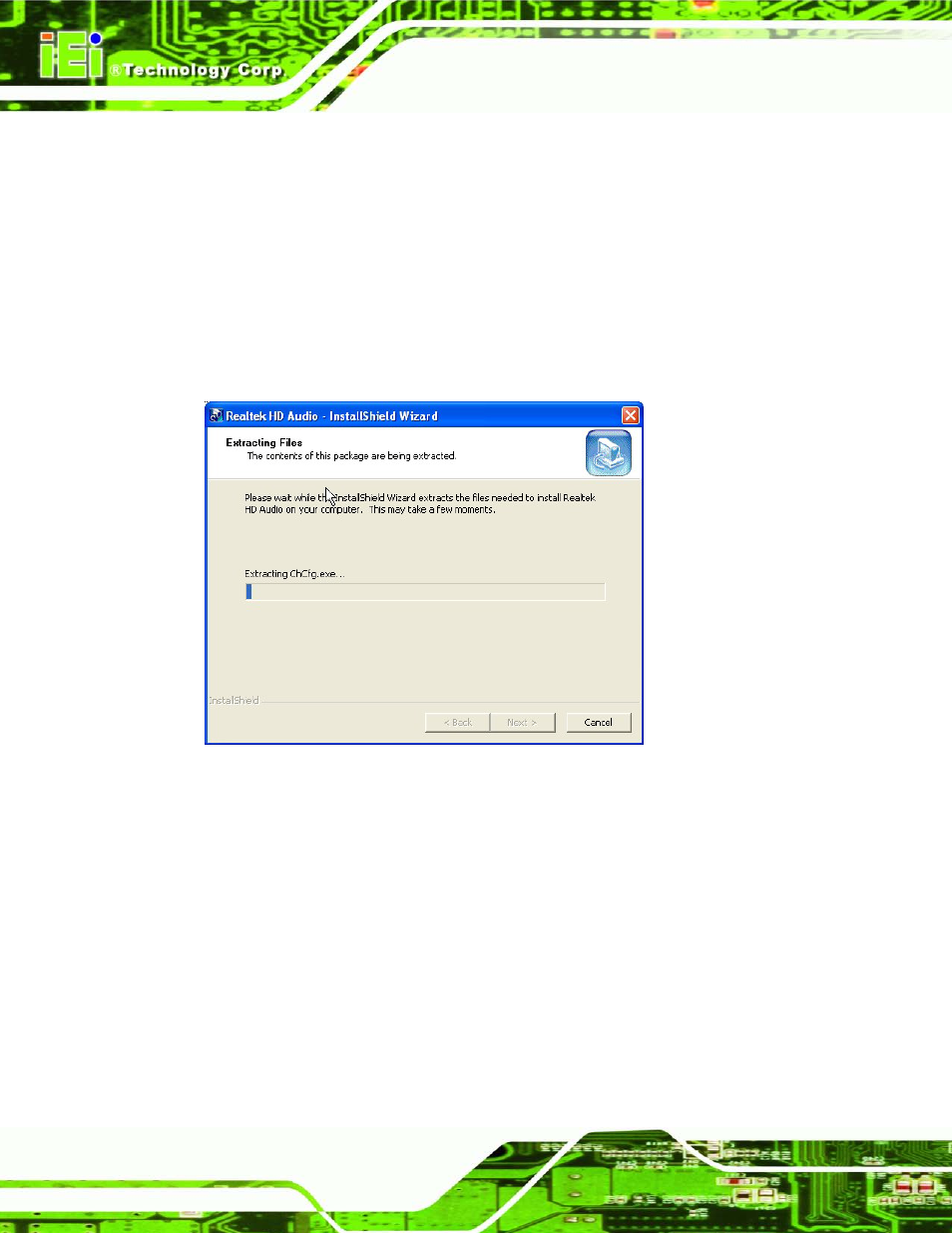 6 audio driver installation, Udio, River | Nstallation, Figure 6-19: audio driver – extracting files, 6 au d io drive r in s ta lla tio n | IEI Integration KINO-AQ670 User Manual | Page 126 / 197