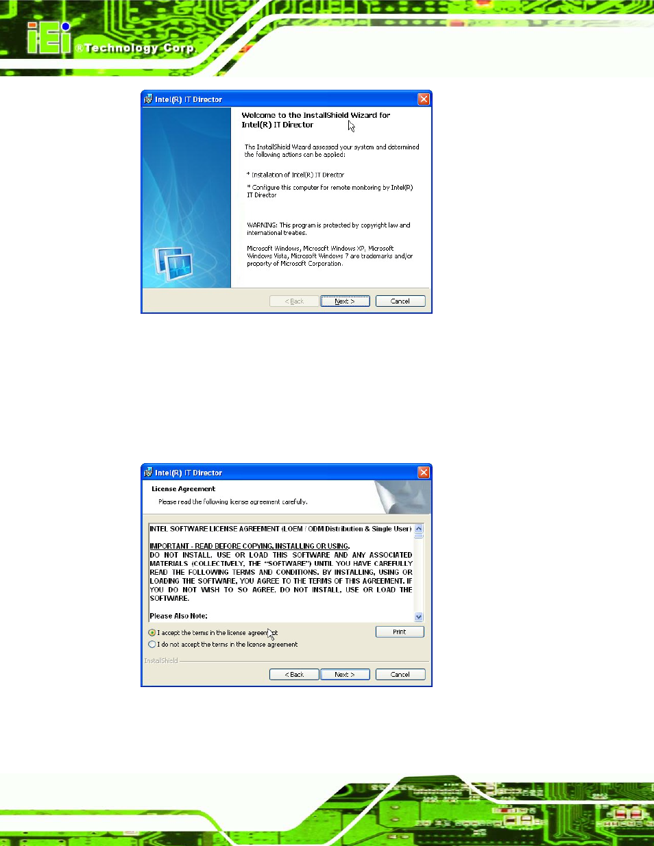Figure 6-33: it director welcome screen, Figure 6-34: it director license agreement | IEI Integration KINO-AQ670 User Manual | Page 136 / 197