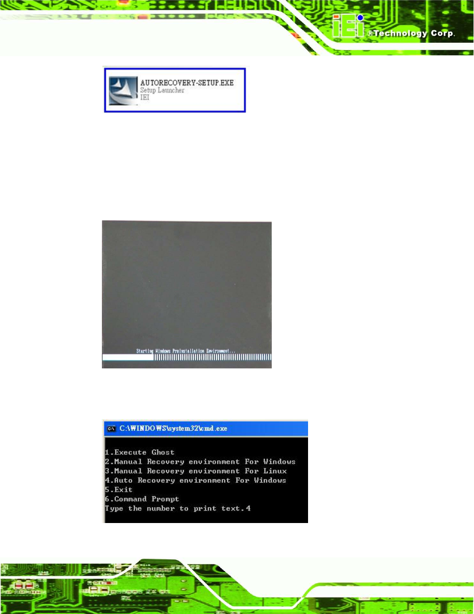 Figure b-22: auto recovery utility, Figure b-23: launching the recovery tool, Figure b-24: auto recovery environment for windows | IEI Integration KINO-AQ670 User Manual | Page 163 / 197
