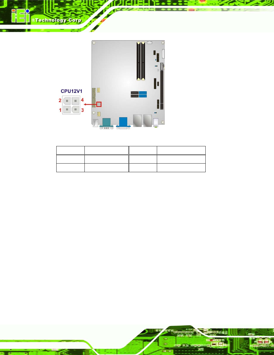 4 ddr3 so-dimm slots, Figure 3-4: cpu power connector location, Table 3-5: cpu power connector pinouts | 4 ddr3 s o-dimm s lo ts | IEI Integration KINO-AQ670 User Manual | Page 32 / 197