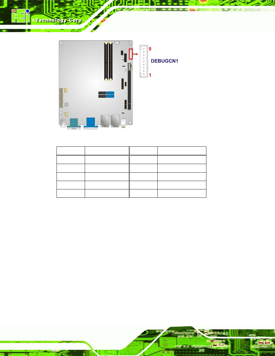 6 digital i/o connector, Figure 3-6: debug port connector location, Table 3-6: debug port connector pinouts | IEI Integration KINO-AQ670 User Manual | Page 34 / 197