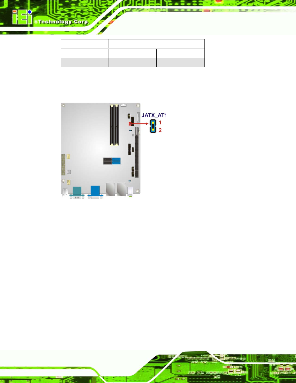 2 clear cmos jumper, Figure 4-9: at/atx mode select jumper location, Table 4-2: at/atx mode select jumper settings | Ee table 4-2, Ee figure 4-9, Table 4-2 | IEI Integration KINO-AQ670 User Manual | Page 62 / 197