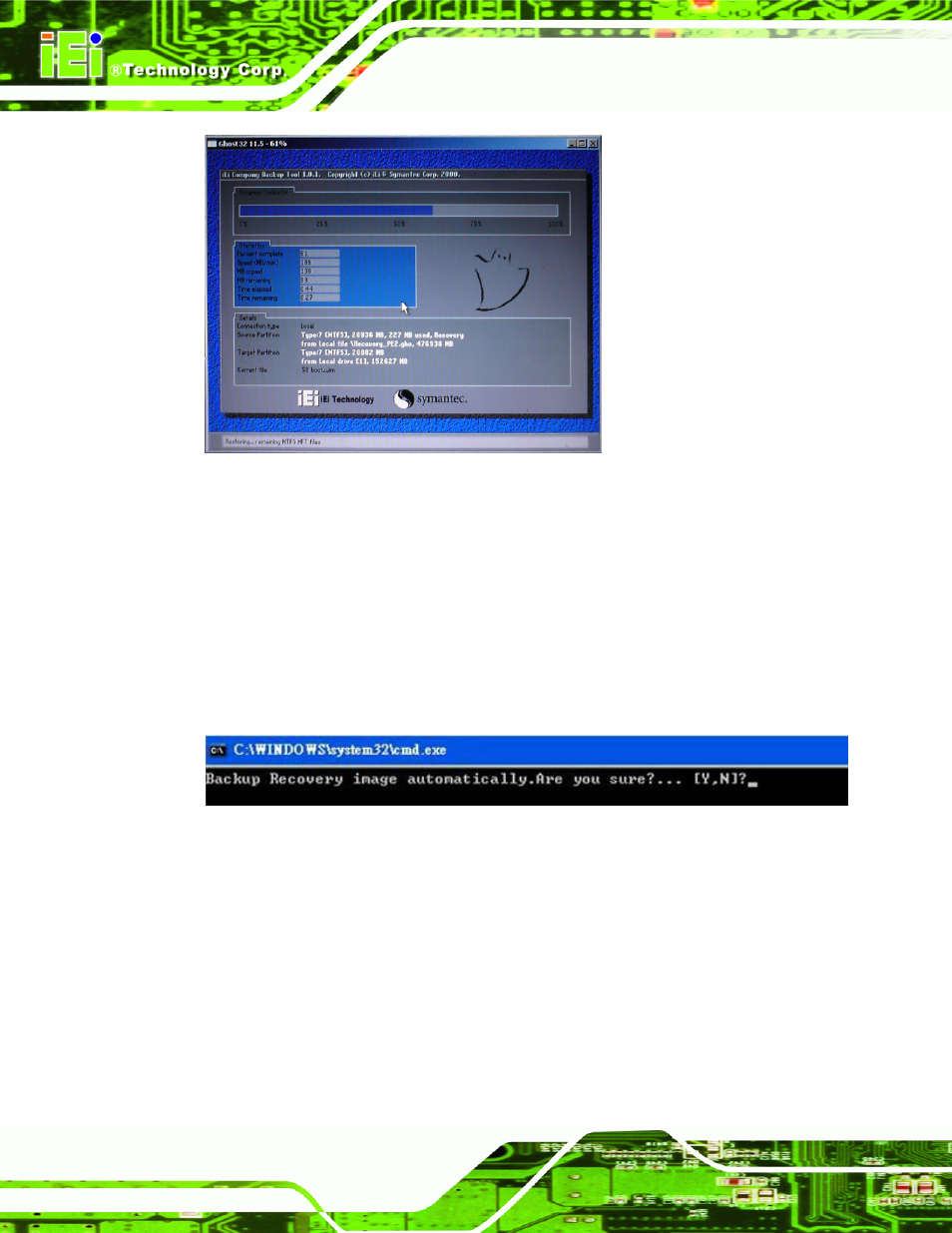 Figure b-26: building the auto recovery partition, Figure b-27: factory default image confirmation | IEI Integration KINO-AH611 User Manual | Page 132 / 165