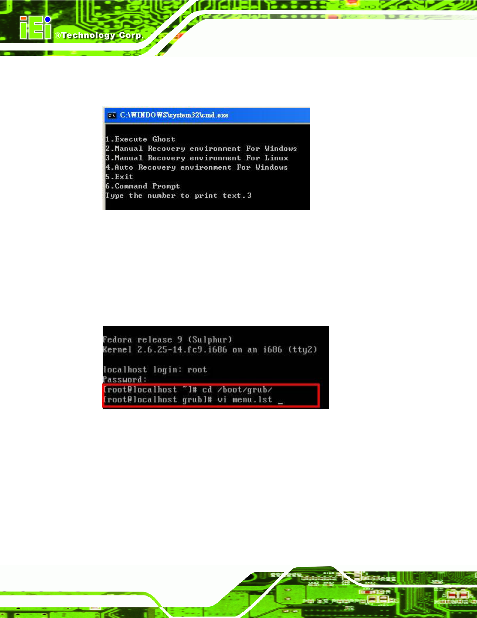 Figure b-31: manual recovery environment for linux, Figure b-32: access menu.lst in linux (text mode) | IEI Integration KINO-AH611 User Manual | Page 136 / 165