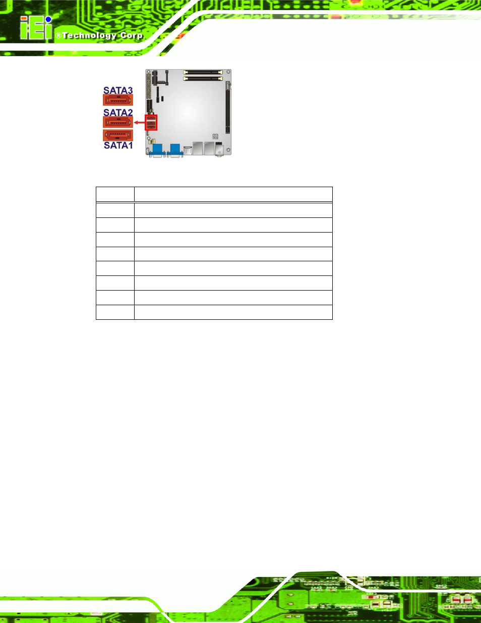 18 serial port connector (rs-232), Figure 3-19: sata drive connector locations, Table 3-16: sata drive connector pinouts | Figure 3-19, Table 3-16 | IEI Integration KINO-AH611 User Manual | Page 44 / 165