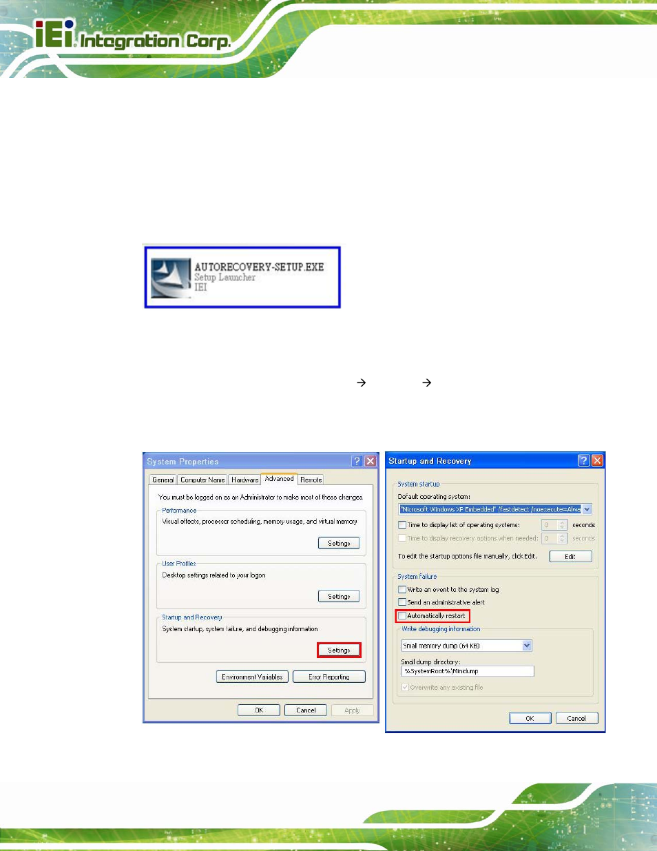 Figure b-22: auto recovery utility, Figure b-23: disable automatically restart | IEI Integration KINO-CV-D25501_N26001 User Manual | Page 136 / 167