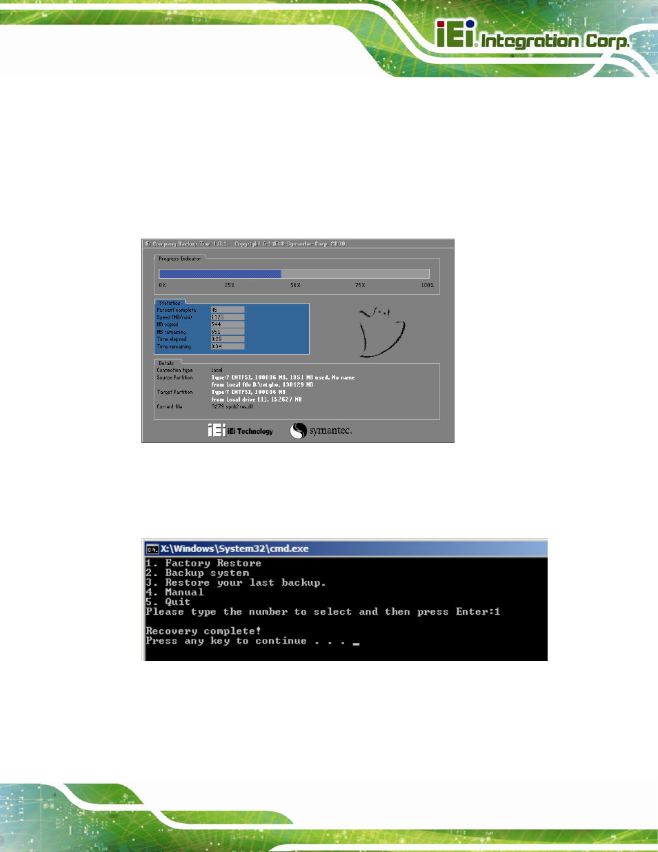 B.5.1 factory restore, Figure b-36: restore factory default, Figure b-37: recovery complete window | IEI Integration KINO-CV-D25501_N26001 User Manual | Page 145 / 167