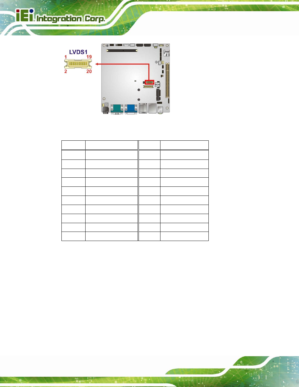 8 lvds connector (lvds2), Figure 3-8: lvds1 connector location, Table 3-9: lvds1 connector pinouts | IEI Integration KINO-CV-D25501_N26001 User Manual | Page 38 / 167