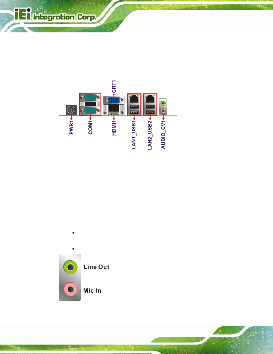 3 external interface connectors, 1 audio connector, Xternal | Nterface, Onnectors, Figure 3-24: external interface connectors, Figure 3-25: audio connector | IEI Integration KINO-CV-D25501_N26001 User Manual | Page 54 / 167