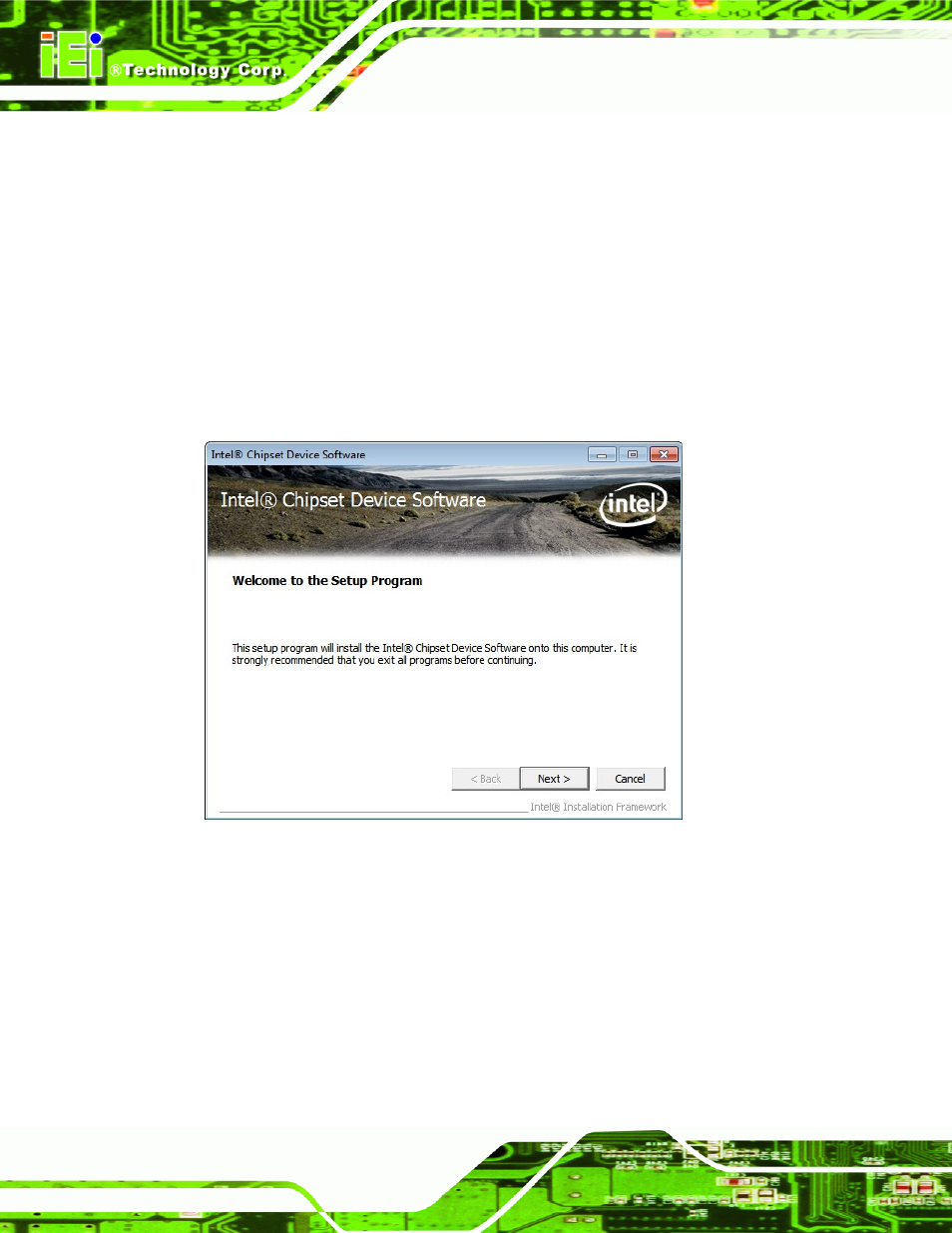 3 chipset driver installation, Hipset, River | Nstallation, Figure 6-3: chipset driver welcome screen | IEI Integration KINO-QM770 User Manual | Page 132 / 208