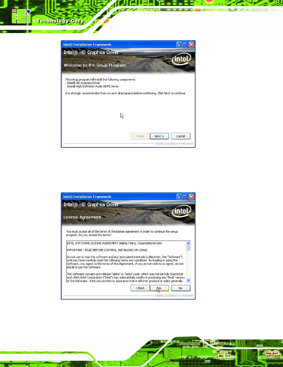 Figure 6-8: graphics driver welcome screen, Figure 6-9: graphics driver license agreement | IEI Integration KINO-QM770 User Manual | Page 136 / 208