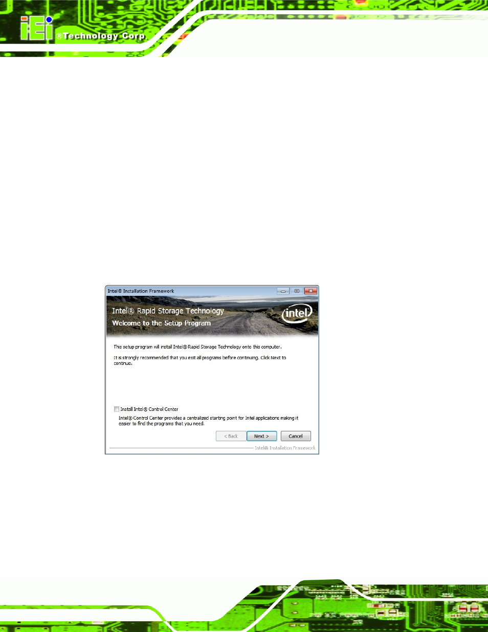 Ntel, Apid, Torage | Echnology, River, Nstallation, Figure 6-22: sata raid driver welcome screen | IEI Integration KINO-QM770 User Manual | Page 144 / 208