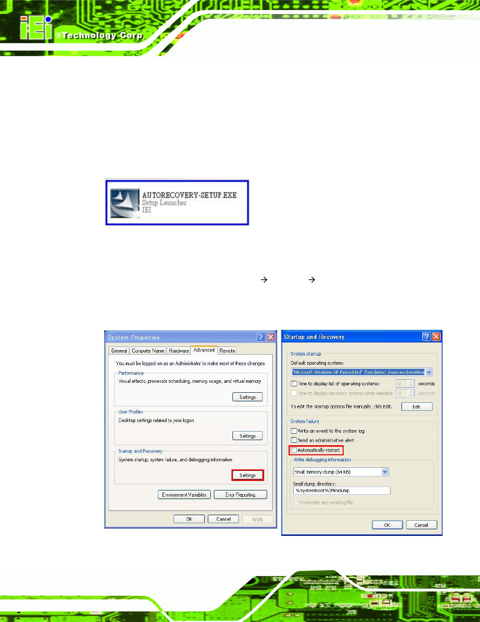 Figure b-22: auto recovery utility, Figure b-23: disable automatically restart | IEI Integration KINO-QM770 User Manual | Page 174 / 208