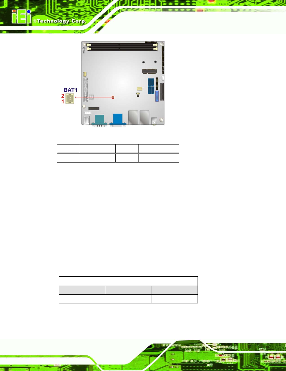 4 clear cmos button, Figure 3-4: battery connector location, Table 3-5: battery connector pinouts | Table 3-6: clear cmos button settings, Ee figure 3-4, Ee table 3-5, 4 cle a r cmos bu tto n | IEI Integration KINO-AQ870 User Manual | Page 32 / 165
