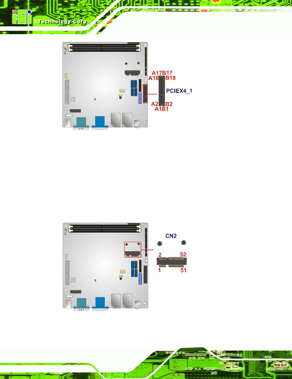 15 pcie mini card slot, Figure 3-15: pcie x4 slot location, Figure 3-16: pcie mini card slot location | IEI Integration KINO-AQ870 User Manual | Page 42 / 165