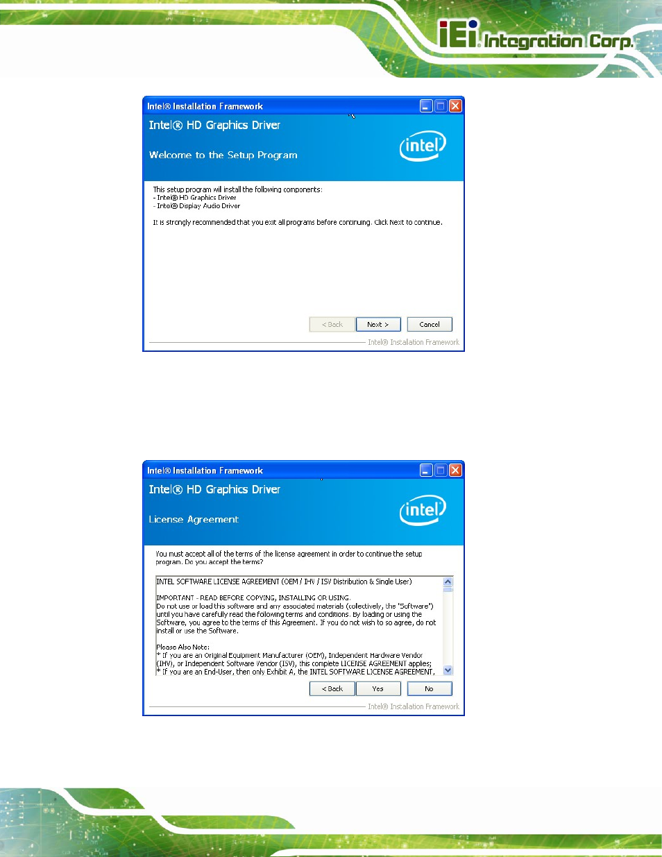 Figure 6-8: graphics driver welcome screen, Figure 6-9: graphics driver license agreement | IEI Integration KINO-DQM871 User Manual | Page 143 / 213