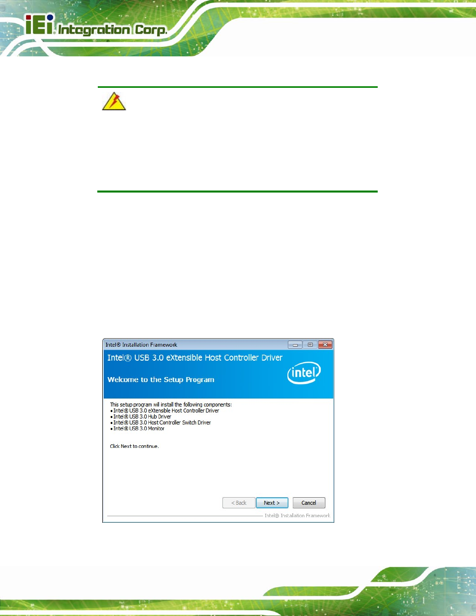 6 usb 3.0 driver installation, River, Nstallation | Figure 6-20: usb 3.0 driver welcome screen | IEI Integration KINO-DQM871 User Manual | Page 150 / 213